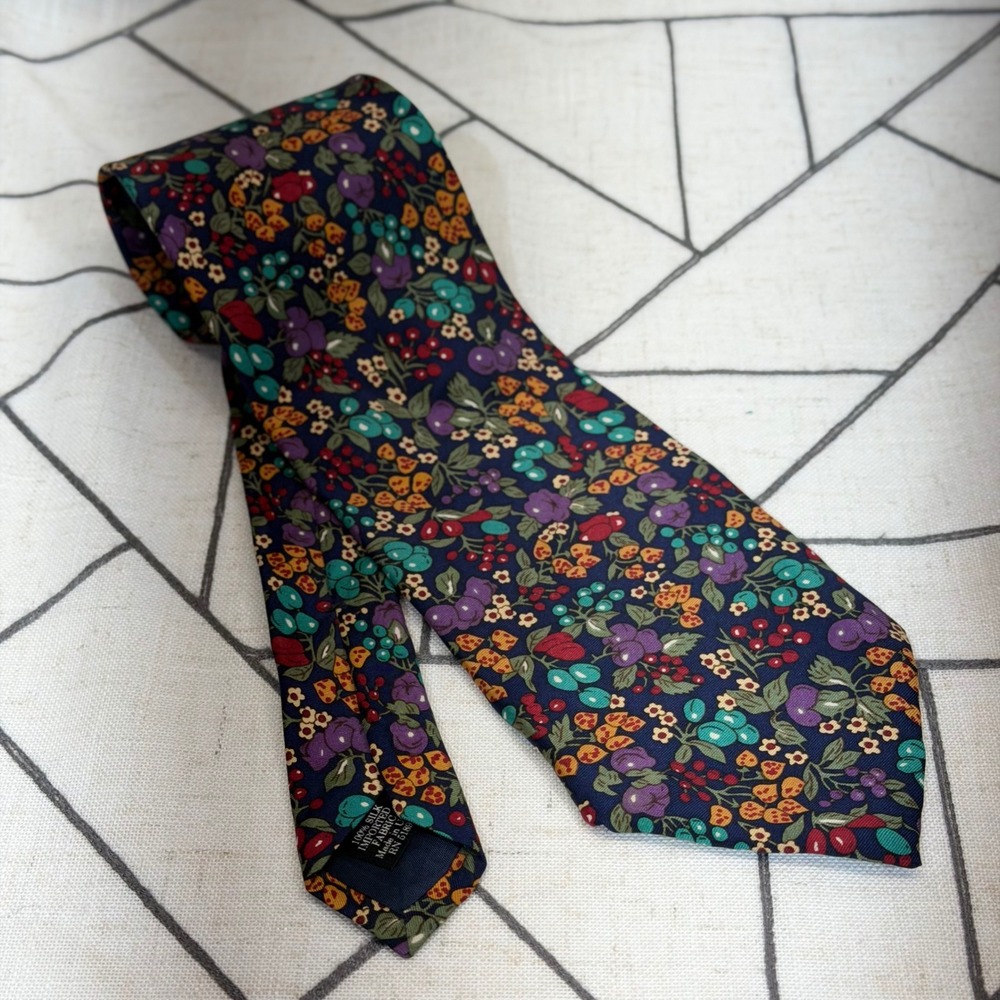 Tango by Max Raab Silk Necktie OS Navy Blue Floral Fruit Berry Print Vintage USA
